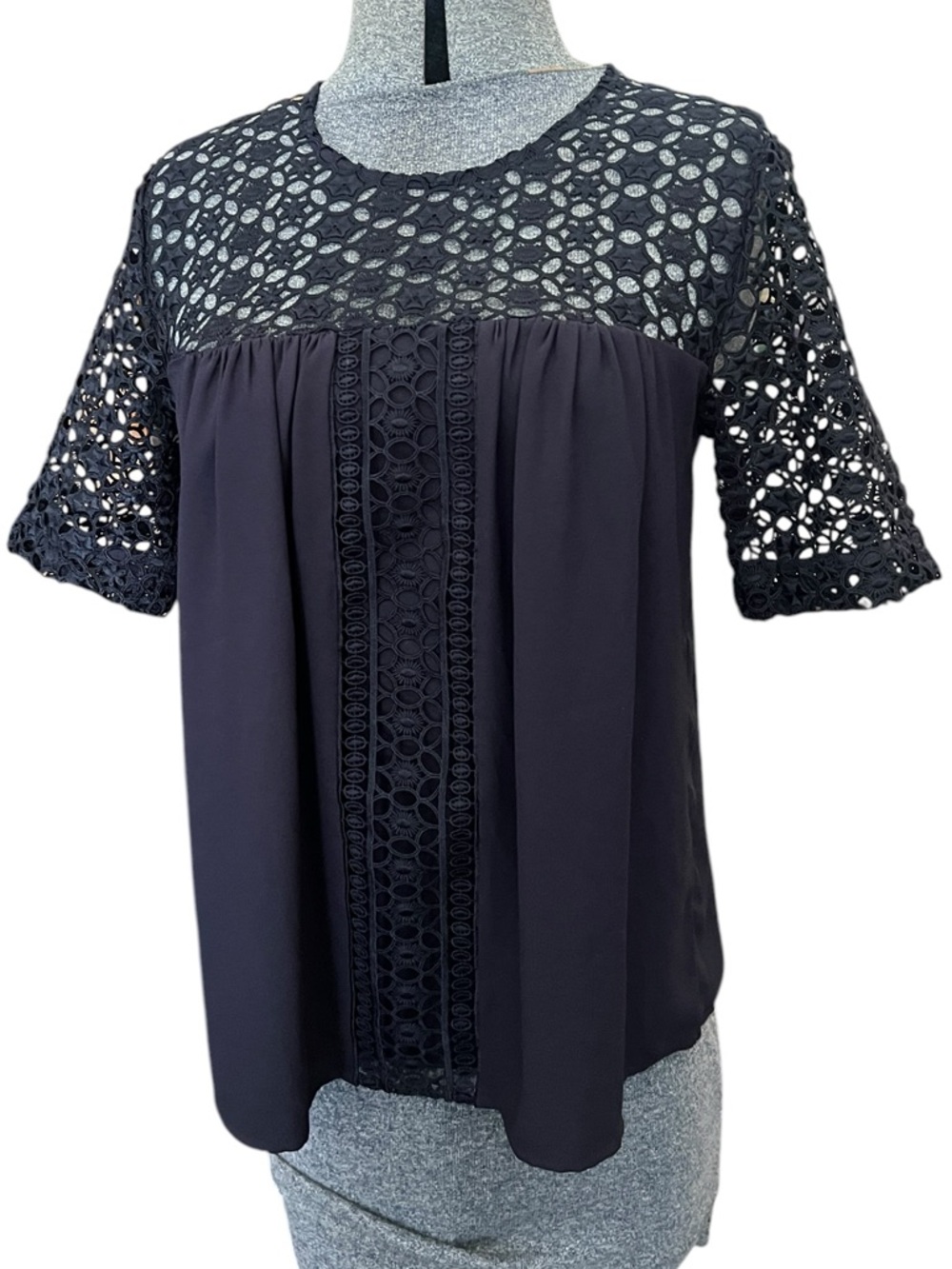 Ann Taylor navy blue mixed media lace crochet blouse